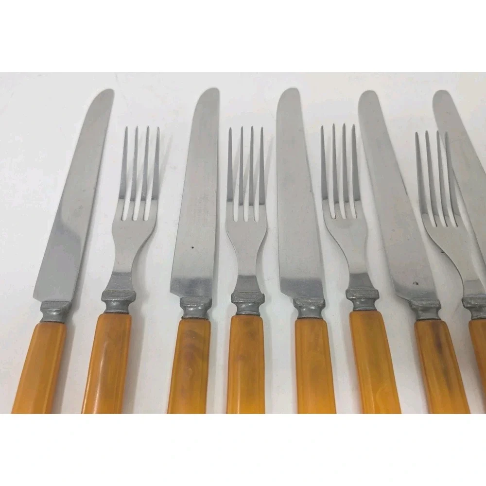 Butterscotch Bakelite Flatware‎ Knives and Forks Lot of 12 U25